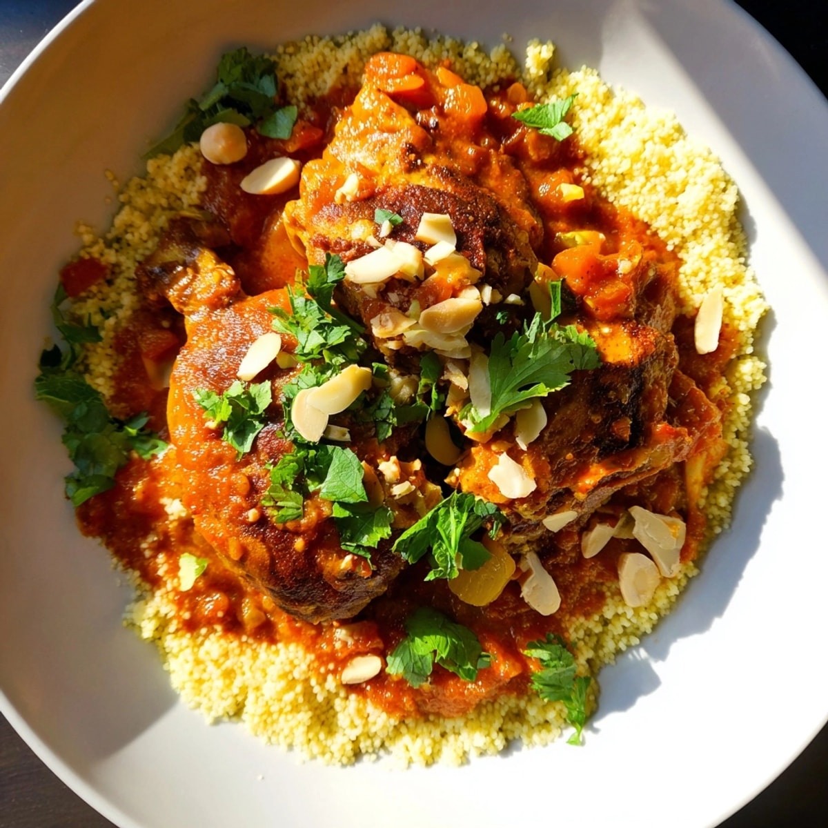 Golden-brown Moroccan Chicken with Apricot Couscous, simmered in a fragrant tomato and almond sauce.