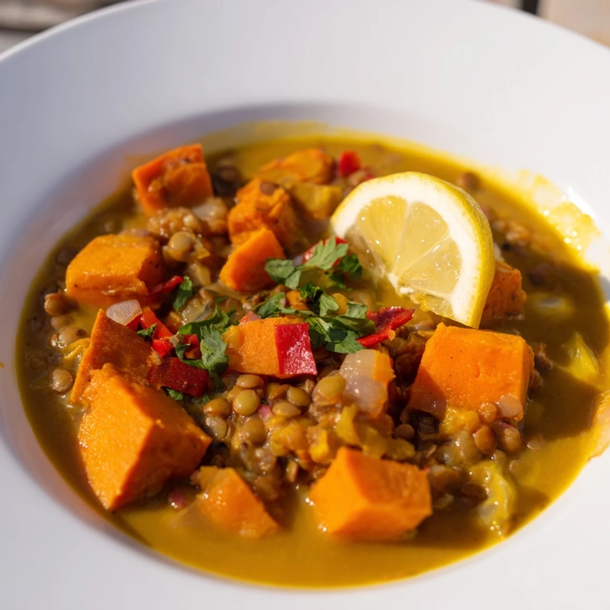 Hearty Curried Sweet Potato and Lentil Stew served with fresh cilantro and lemon.  