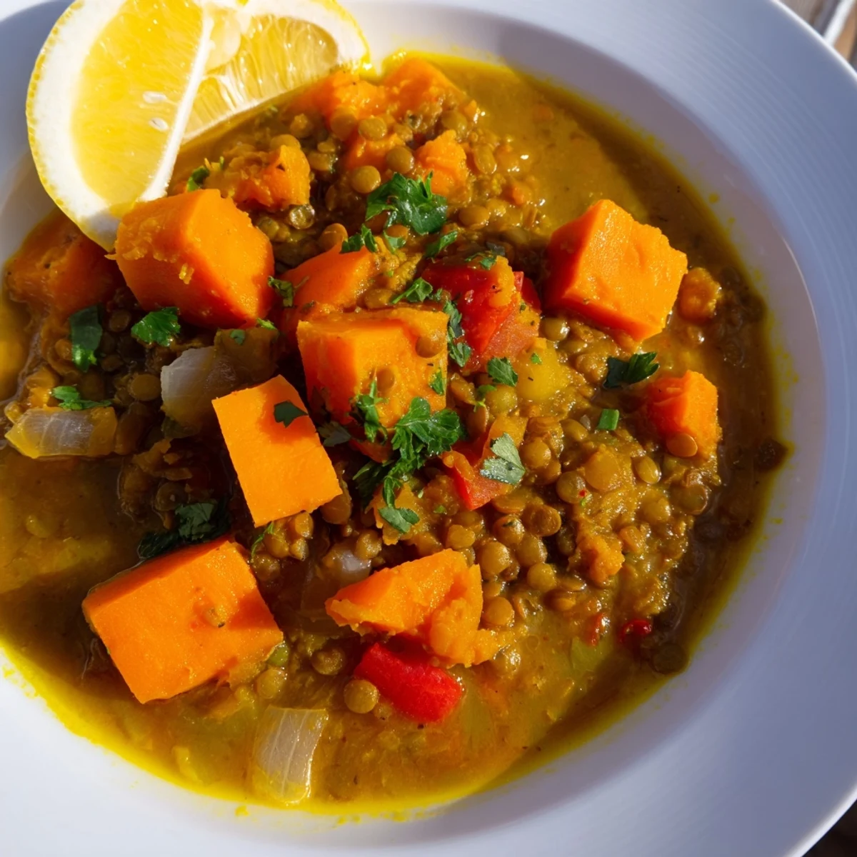 Vegan Curried Sweet Potato and Lentil Stew bursting with flavor and vibrant colors.