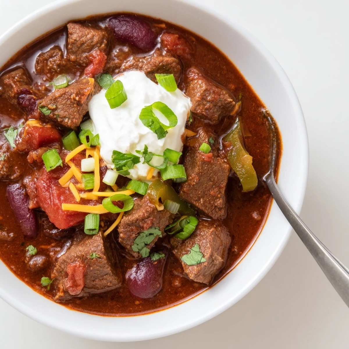 A steaming bowl of cinnamon-spiced beef chili topped with fresh cilantro  