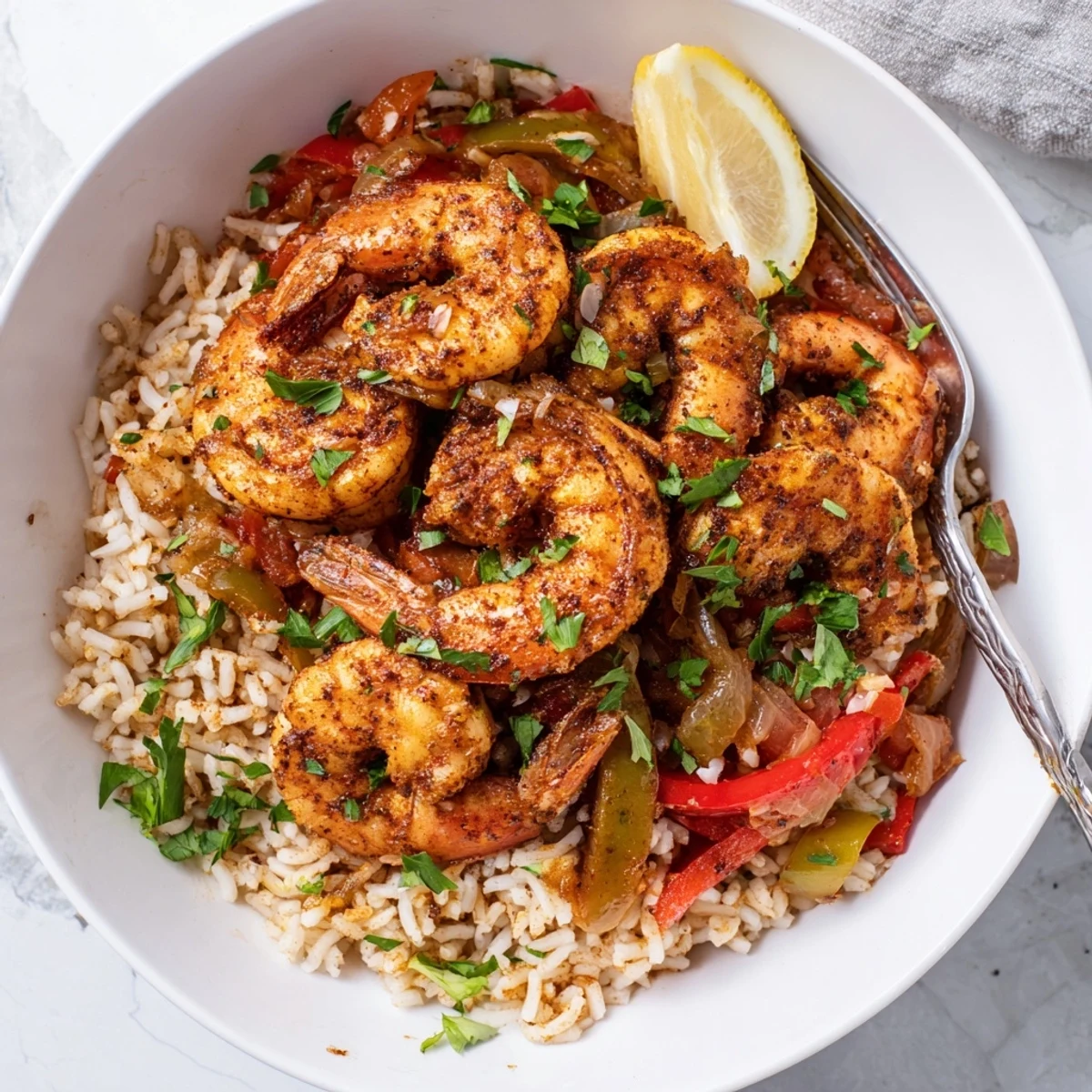 Succulent spicy Cajun shrimp and rice with vibrant peppers, perfect for dinner.