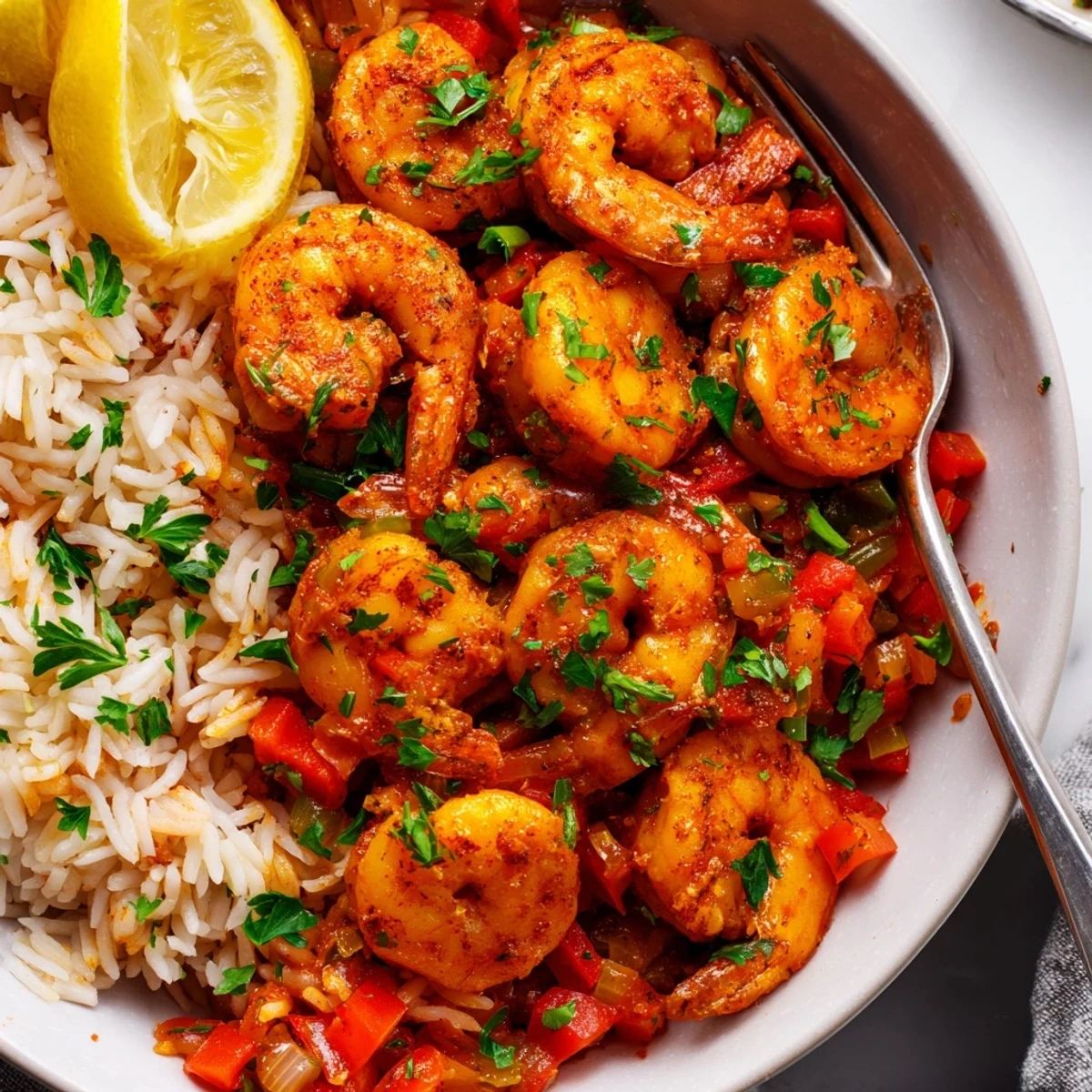 Flavorful spicy Cajun shrimp and rice dish garnished with parsley and lemon wedges.