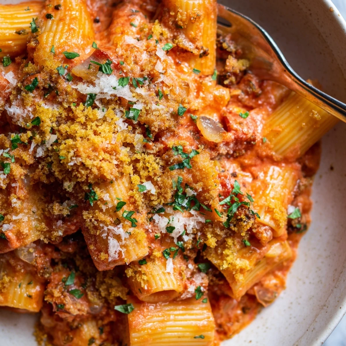 Creamy tomato pasta with golden garlic bread crumbs, perfect for a cozy dinner.  