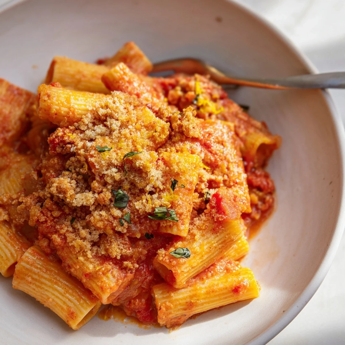 Luscious creamy tomato pasta garnished with crunchy garlic bread crumbs and fresh basil.  