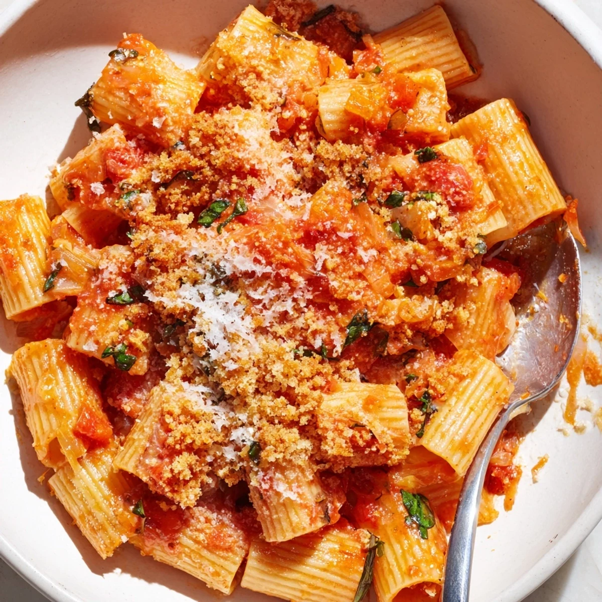 Hearty creamy tomato pasta topped with savory garlic bread crumbs for delightful crunch.