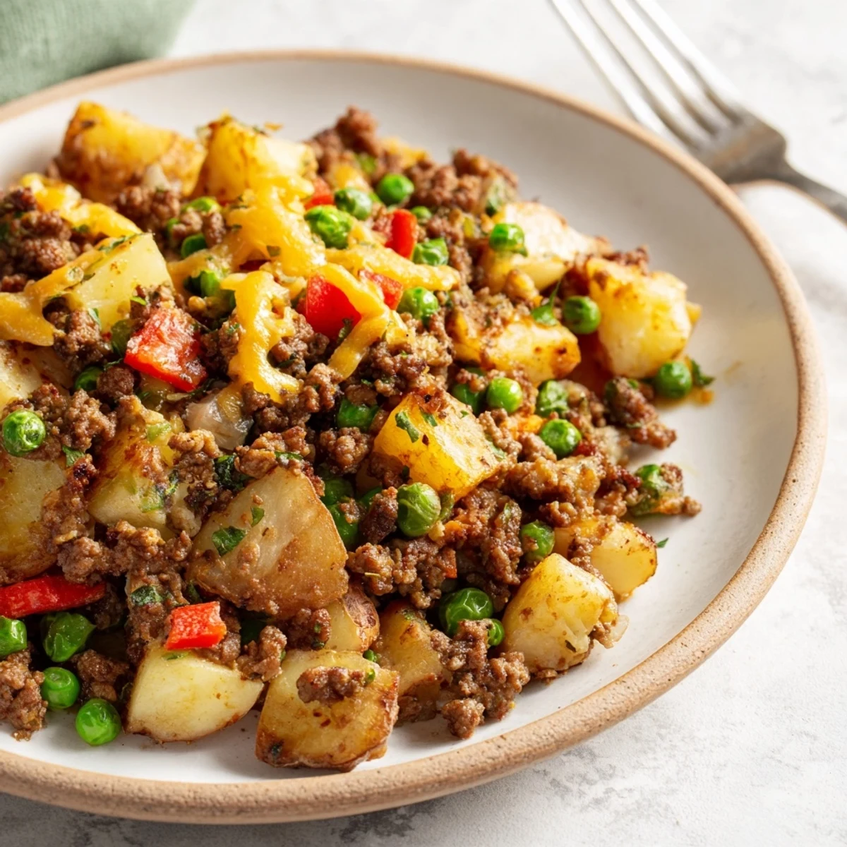 Homestyle Beef and Potato Skillet served with melted cheddar and fresh parsley.  