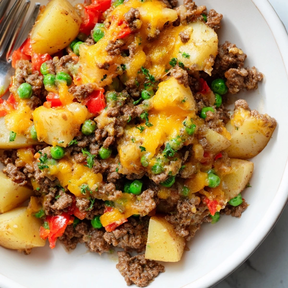Delicious Homestyle Beef and Potato Skillet featuring tender beef and golden potatoes.  