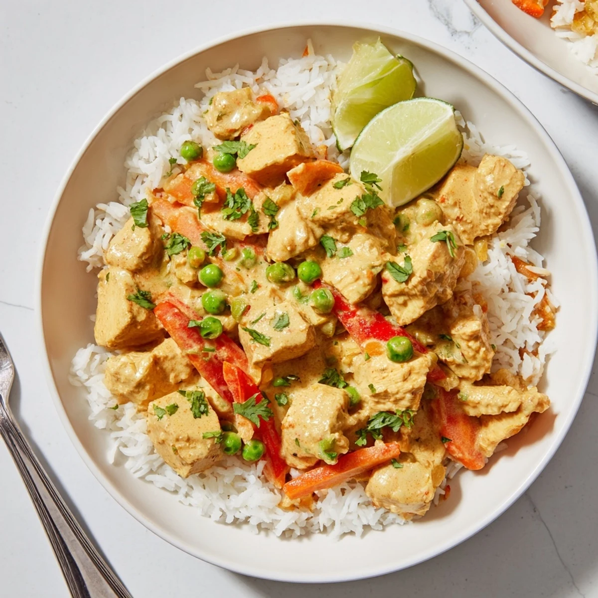 Creamy coconut curry turkey and rice served with fresh cilantro and lime wedges.