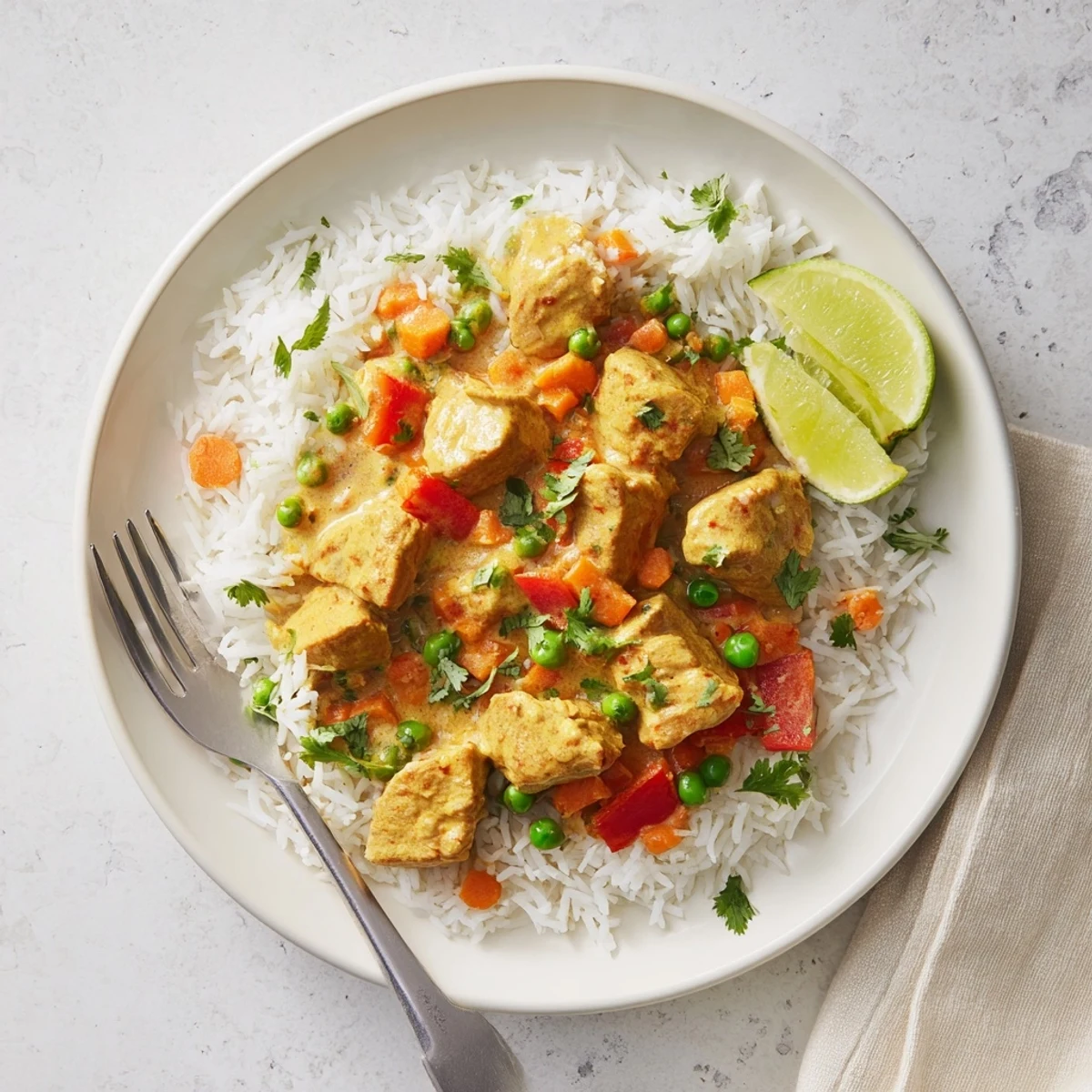 Tender turkey simmered in coconut milk curry over fluffy rice, ideal for dinner.