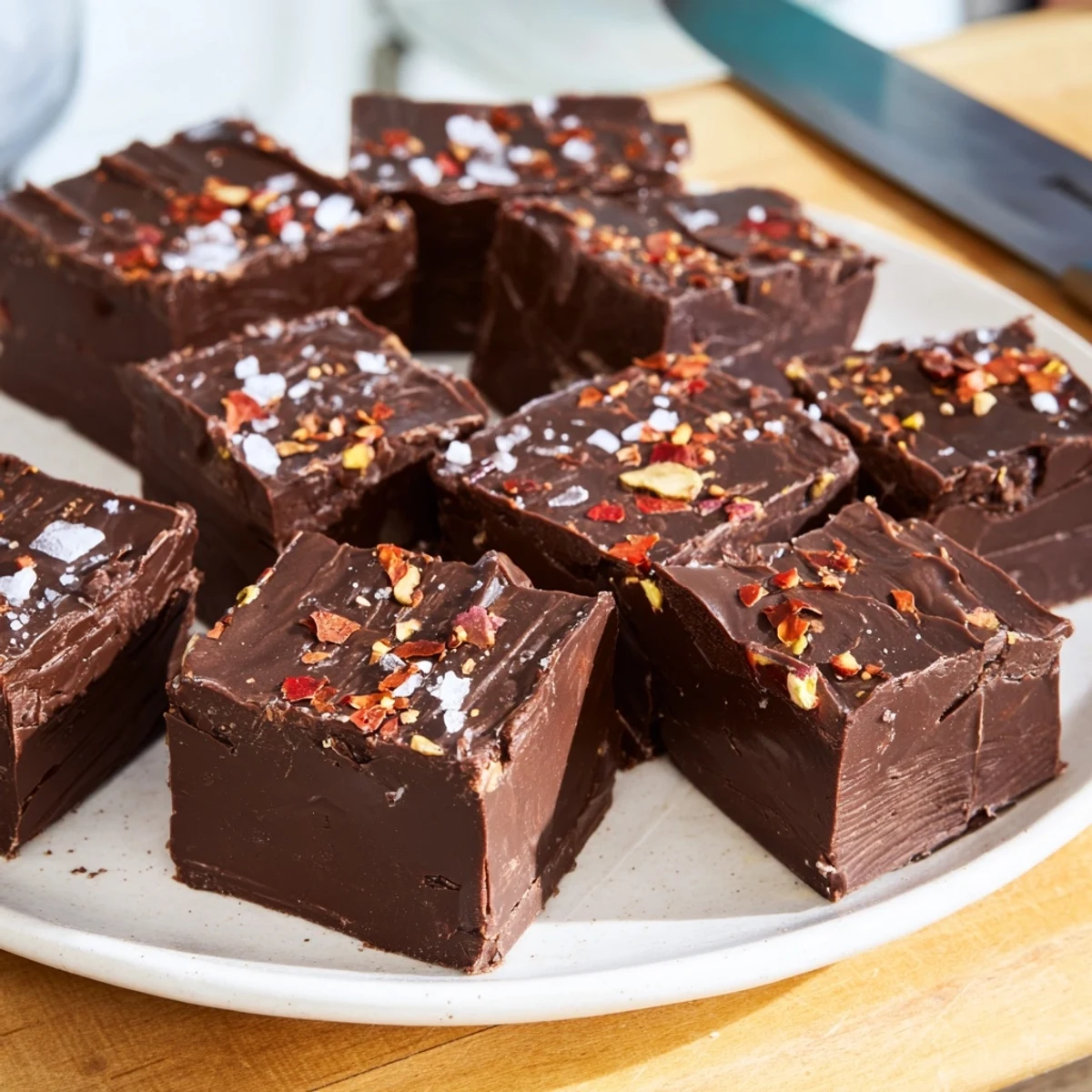 Rich chocolate chili fudge bars with a hint of spice, perfect for dessert lovers.  