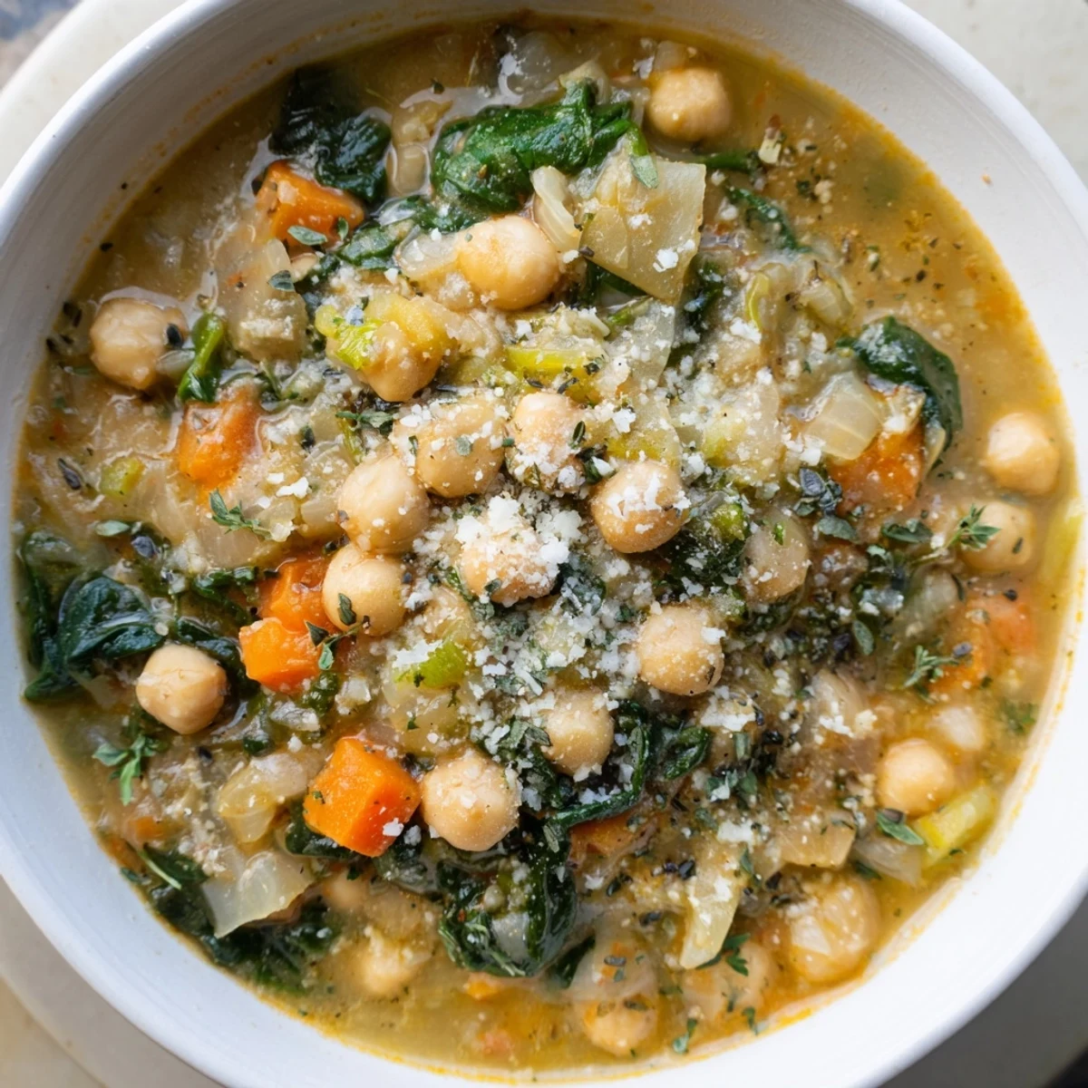 Vibrant bowl of Tuscan Chickpea and Spinach Soup garnished with parsley and cheese.