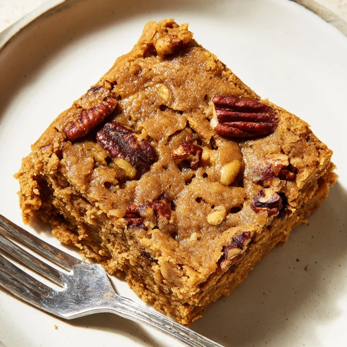 Golden brown spiced maple pecan blondies, perfect for sharing and indulging.