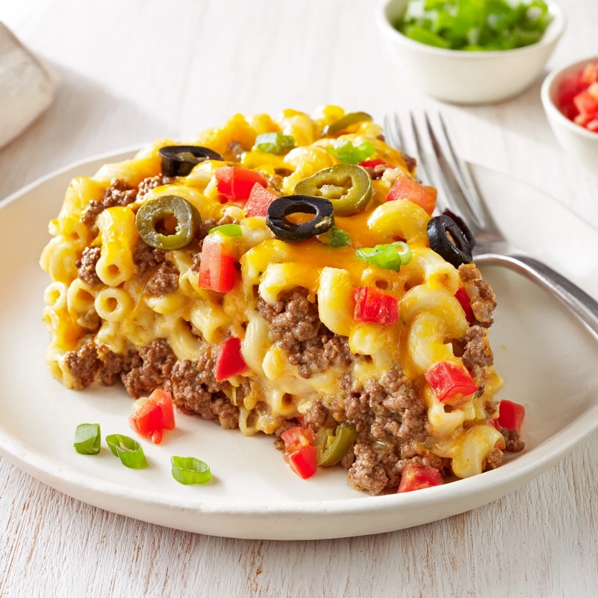 Savory Taco Mac and Cheese Bake featuring cheesy goodness and hearty ground beef delight.
