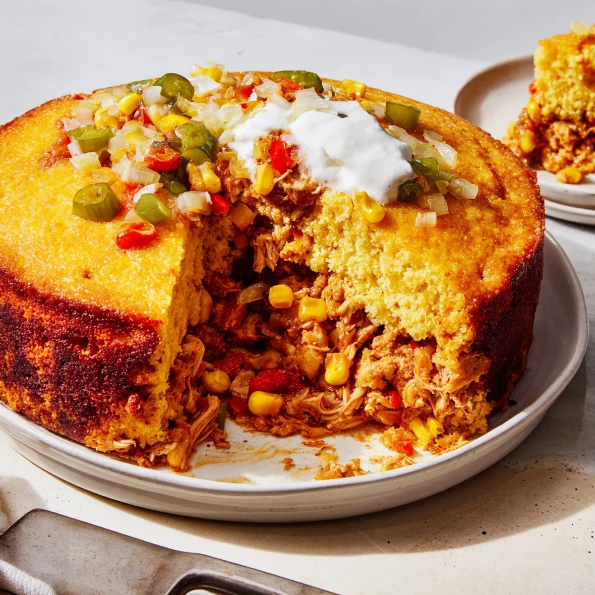 Comforting Cheesy Cornbread Chicken Bake featuring savory chicken and sweet corn delight.