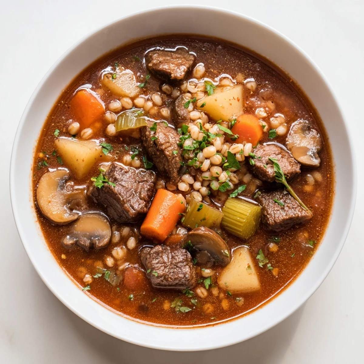 A steaming bowl of Hearty Beef and Barley Stew garnished with parsley, ideal for cozy evenings.  