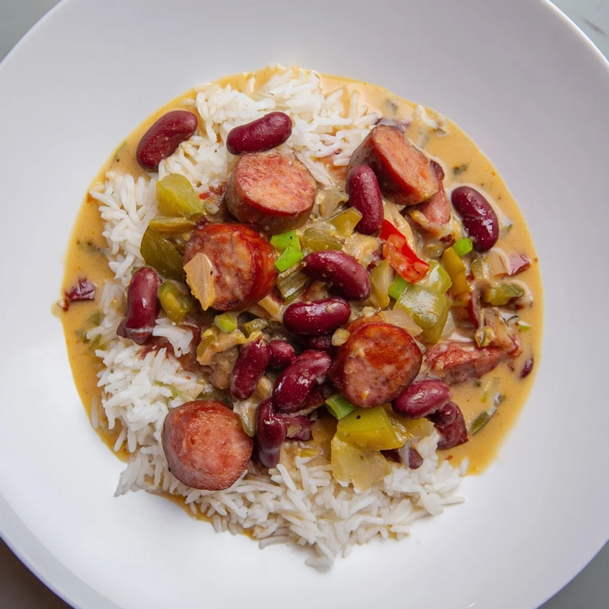 Close-up of a flavorful Red Beans & Rice dish, perfect for a comforting and delicious meal.
