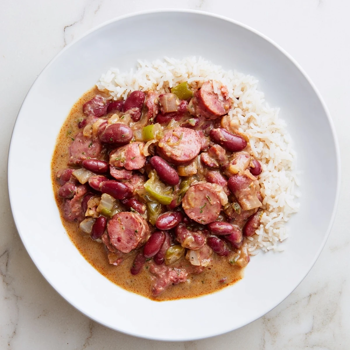 Steaming bowl of Red Beans & Rice, a Creole classic with smoky sausage and fluffy white rice.