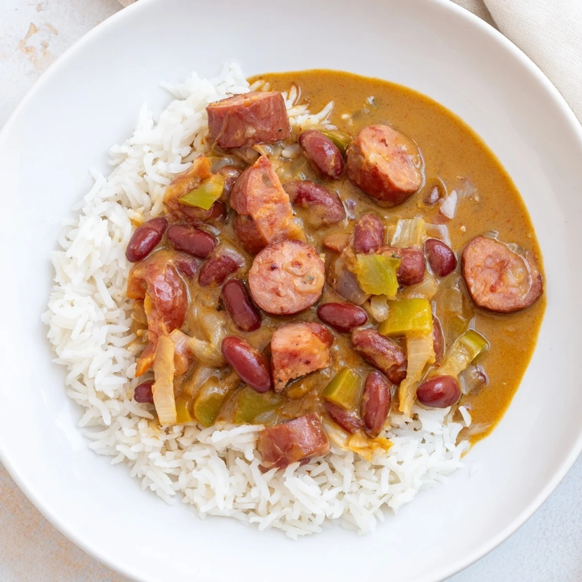 Hearty Red Beans & Rice: imagine the rich aroma of simmering beans and savory sausage with rice.