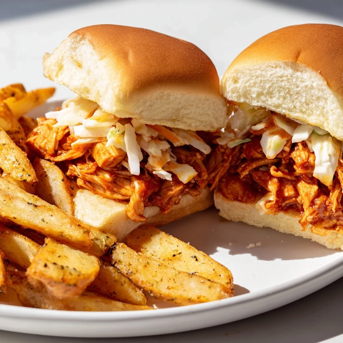 Delicious BBQ Chicken Sliders on toasted buns with melted cheese, served alongside golden fries.