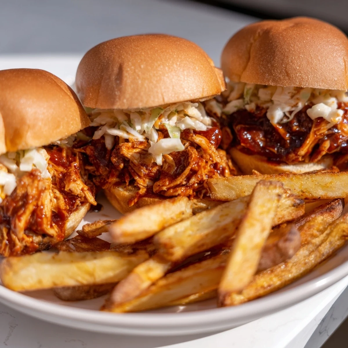 A close-up of fully loaded BBQ Chicken Sliders, juicy chicken and coleslaw spilling over the sides.