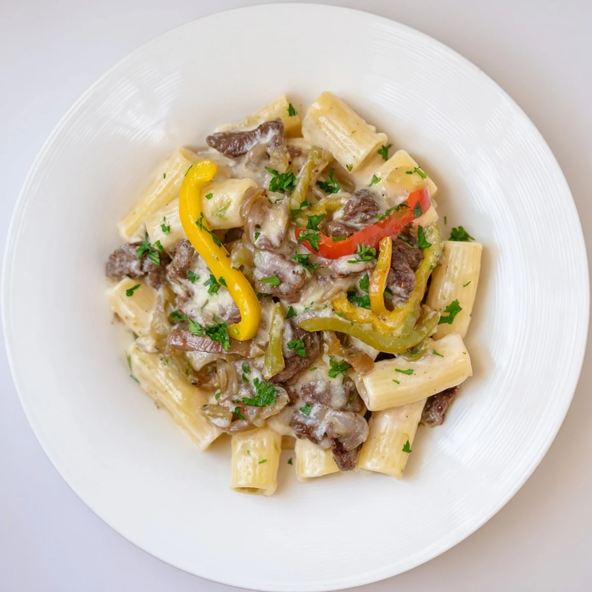 A steaming bowl of Philly Cheese Steak Pasta, with melted cheese and tender beef visible.