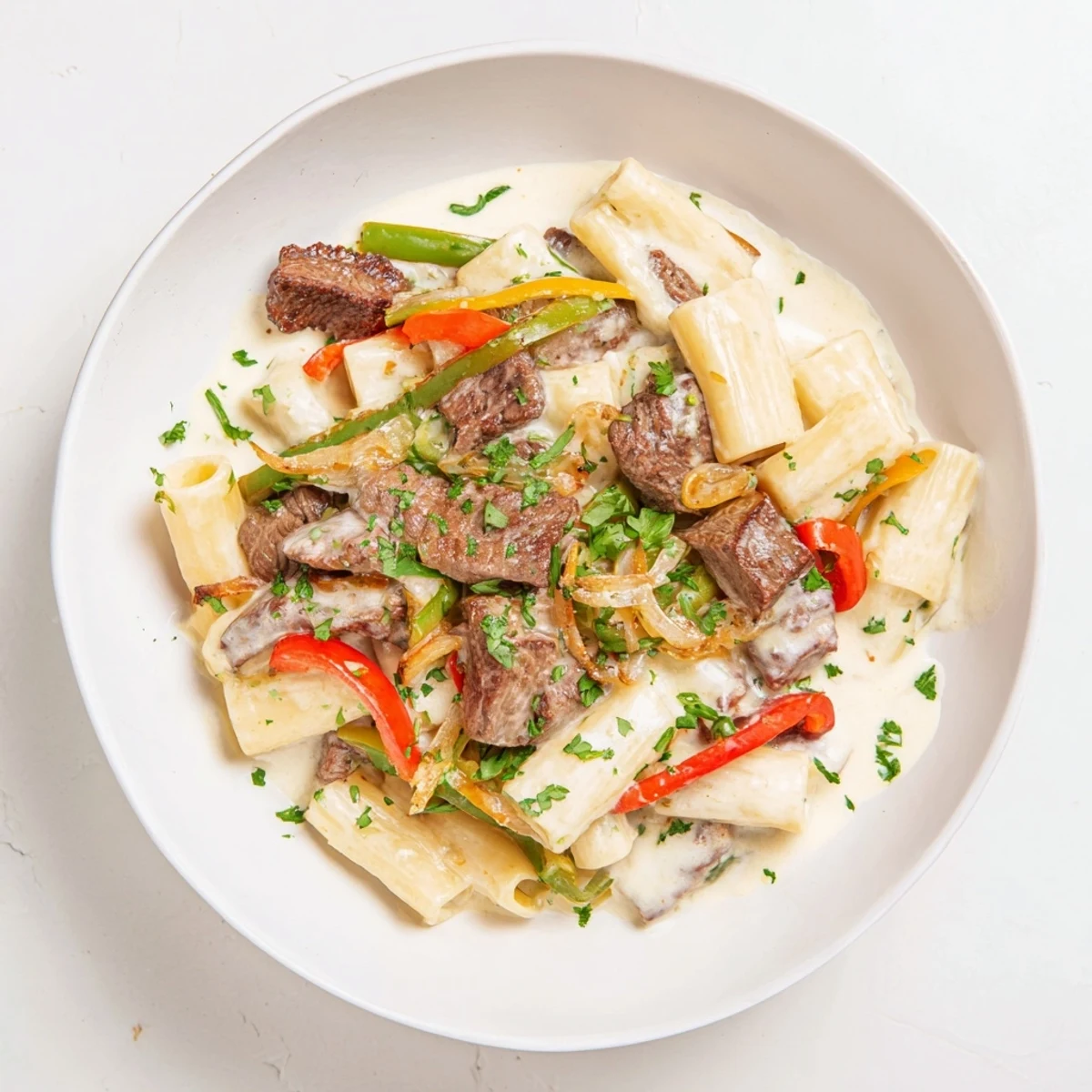 Creamy Philly Cheese Steak Pasta, featuring cooked penne and juicy steak with colorful peppers and onions.