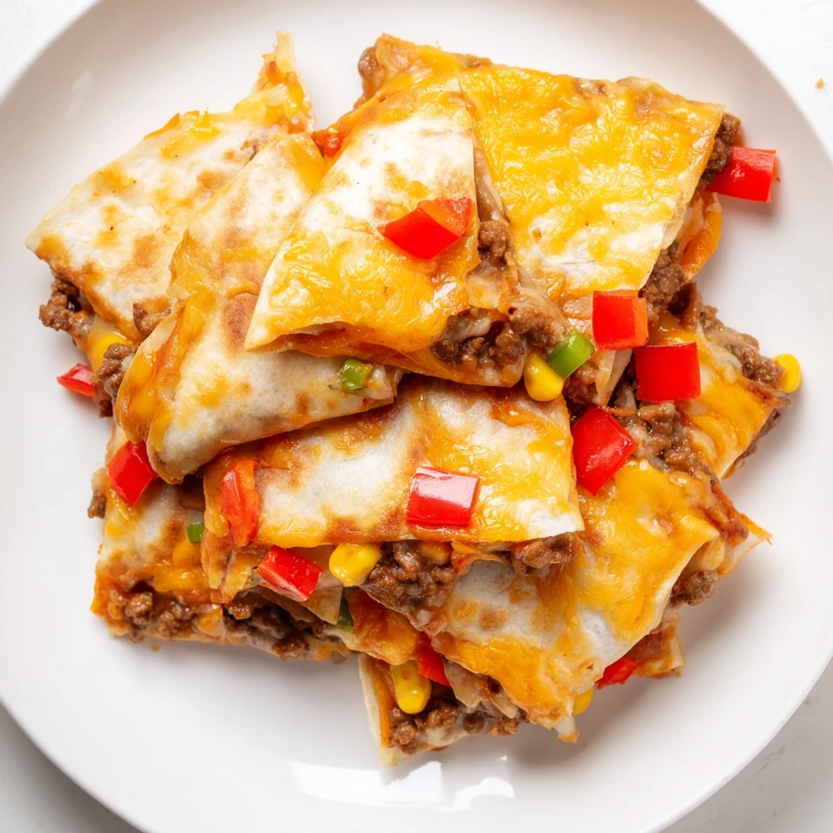 Golden, crispy Sheet Pan Quesadillas with savory beef, gooey cheese, and colorful veggies, ready to serve.
