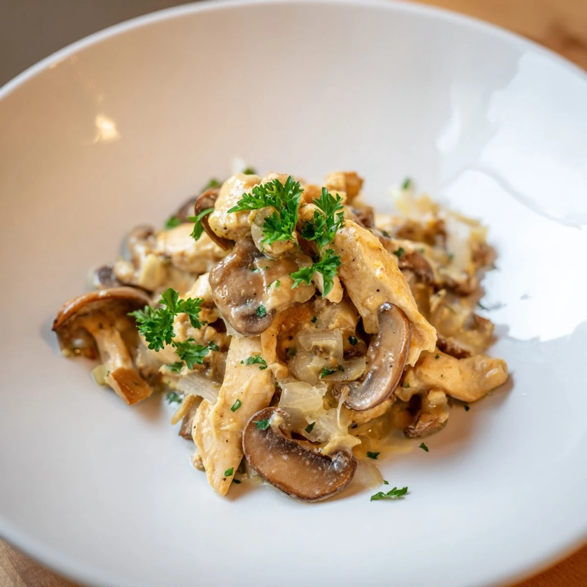 Creamy Chicken Stroganoff, a creamy, savory delight with tender chicken and mushroom sauce, ready to serve.