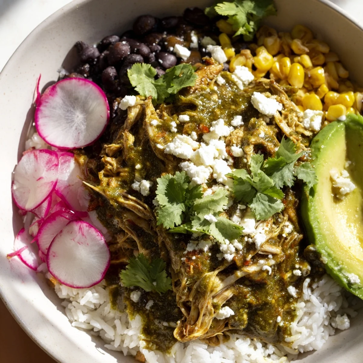 A close-up of a vibrant Green Enchiladas Rice Bowl overflowing with toppings, ready to eat.