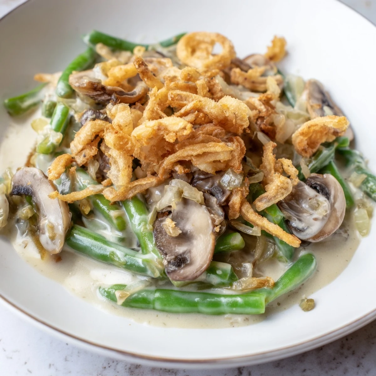 Creamy, classic Old-School Green Bean Casserole with golden crispy onions, perfect for a cozy Thanksgiving.