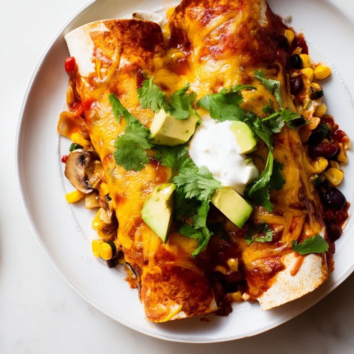 Farmers Market Vegetarian Enchiladas bubbling with cheese and flavorful vegetables, ready to be enjoyed.