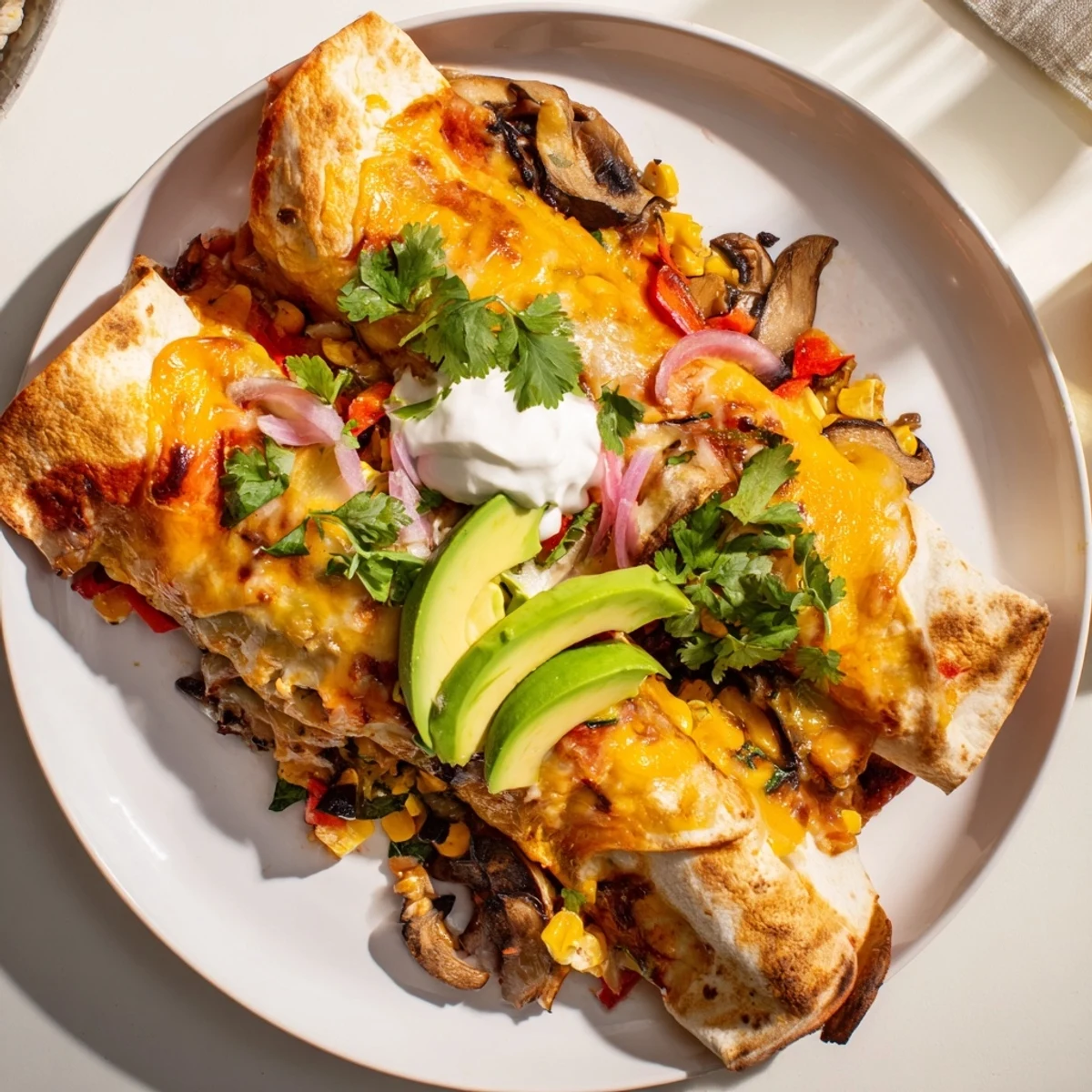 A beautiful photo of cooked Farmers Market Vegetarian Enchiladas, garnished and ready to serve for dinner.