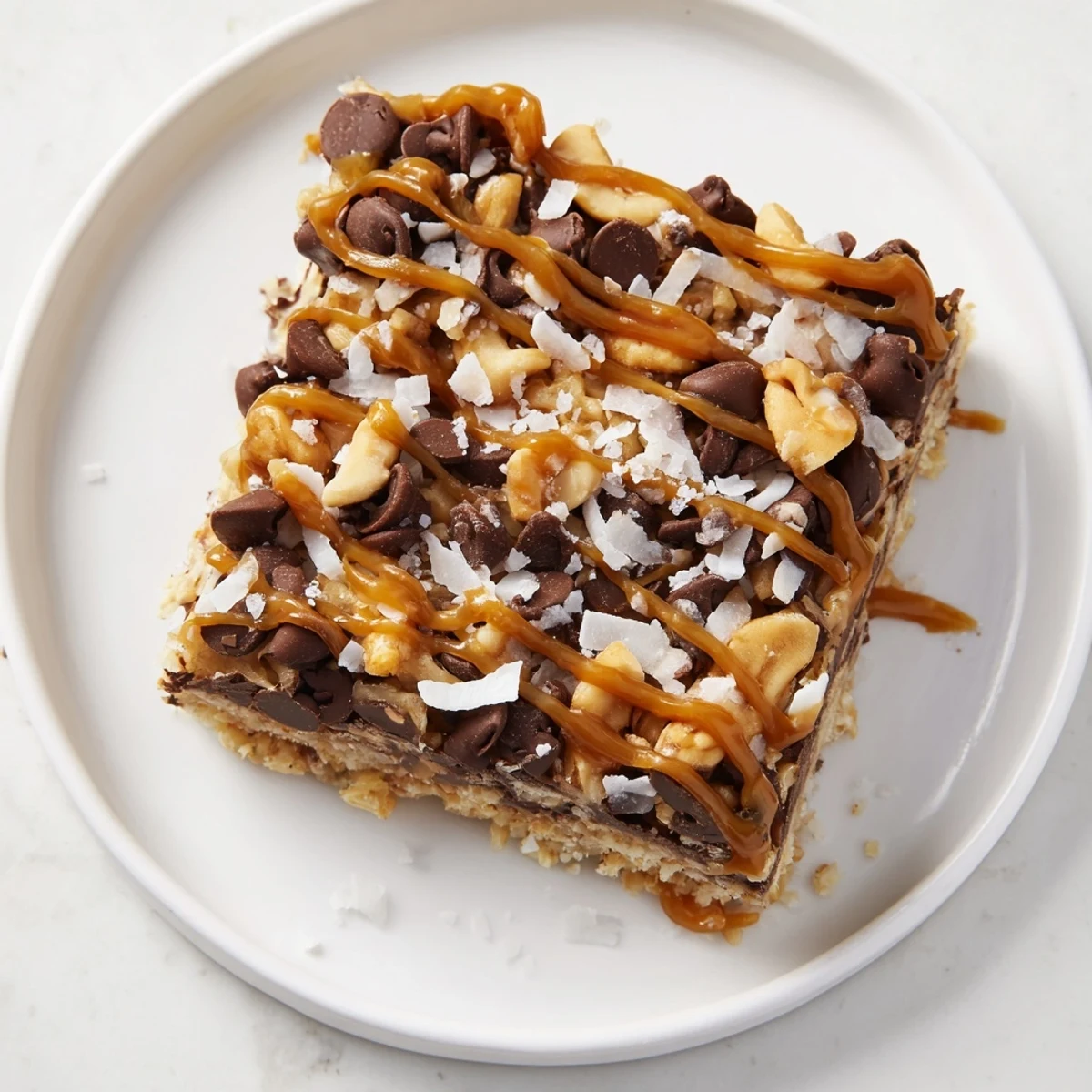 Golden, gooey 7-Layer Magic Bars with salted caramel drizzle on a baking rack, ready to serve.