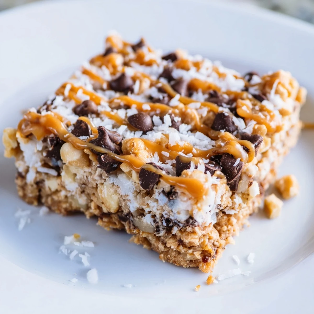 Perfectly cut squares of 7-Layer Magic Bars showing layers, drizzled with sweet, salty caramel.