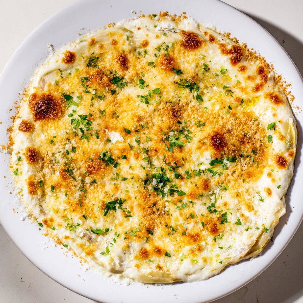 Savory baked artichoke dip with melted cheese and fresh parsley, ideal for a party platter.