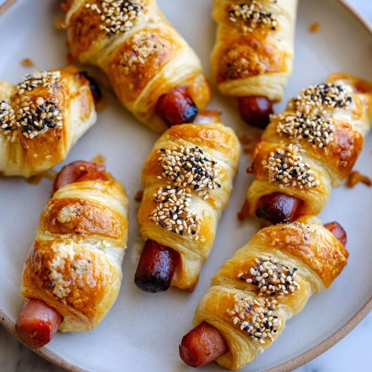 Golden brown Everything Bagel Pigs in a Blanket fresh from the oven, ready to serve.