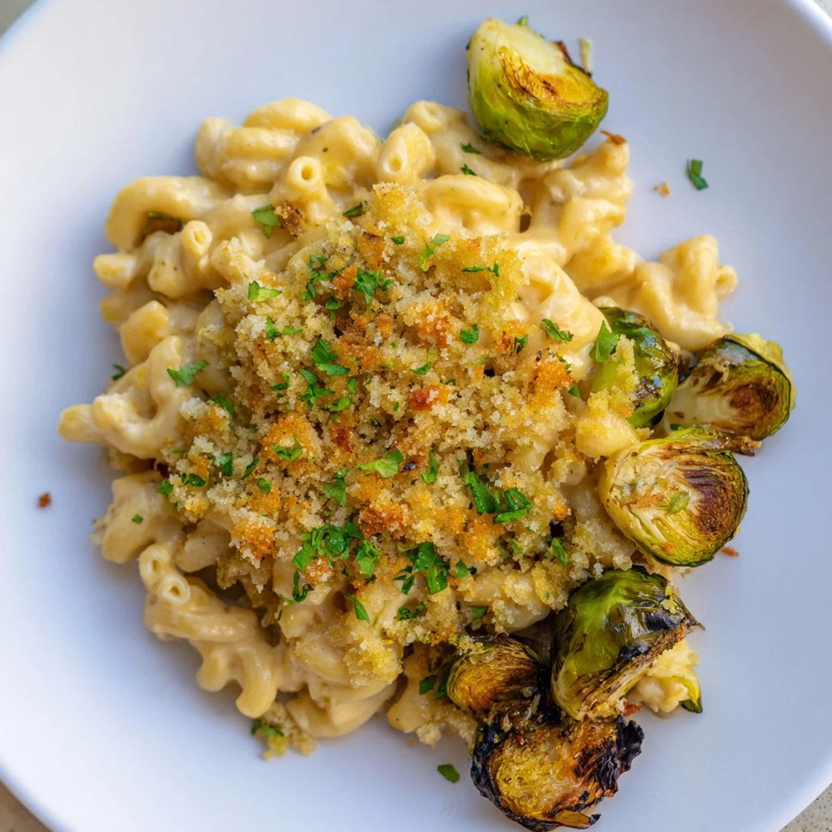 Golden-brown sheet pan mac and cheese with Brussels sprouts, full of cheesy, comforting goodness.