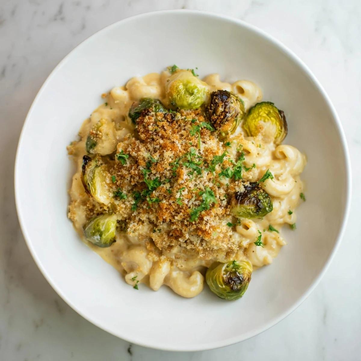 A close-up image of a bubbly sheet pan mac and cheese, mixed with roasted Brussels sprouts.