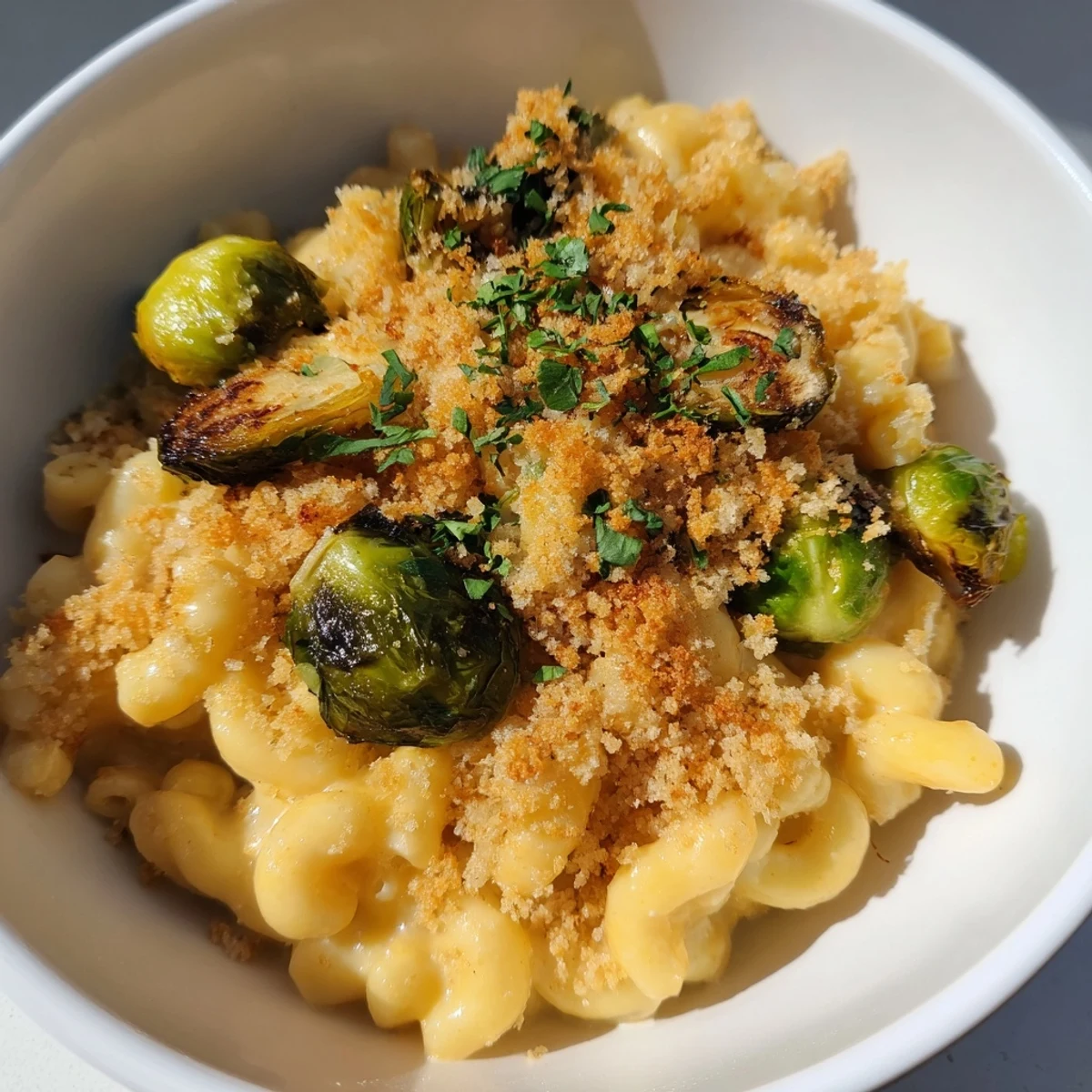 Sheet pan mac and cheese recipe: creamy cheese sauce over pasta baked with crispy Brussels sprouts.