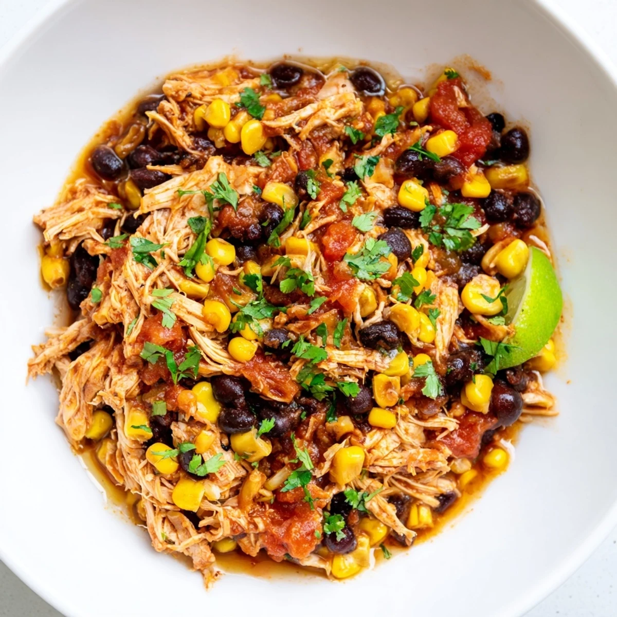 Shredded Slow Cooker Salsa Chicken, perfectly seasoned and ideal for tacos, with a beautiful salsa glaze.