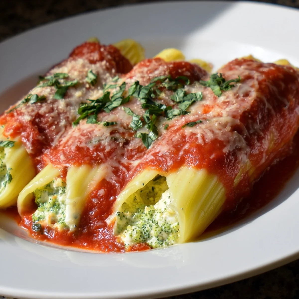 Top view of baked Cozy Broccoli Stuffed Manicotti, perfect serving with a sprinkle of fresh basil garnish.