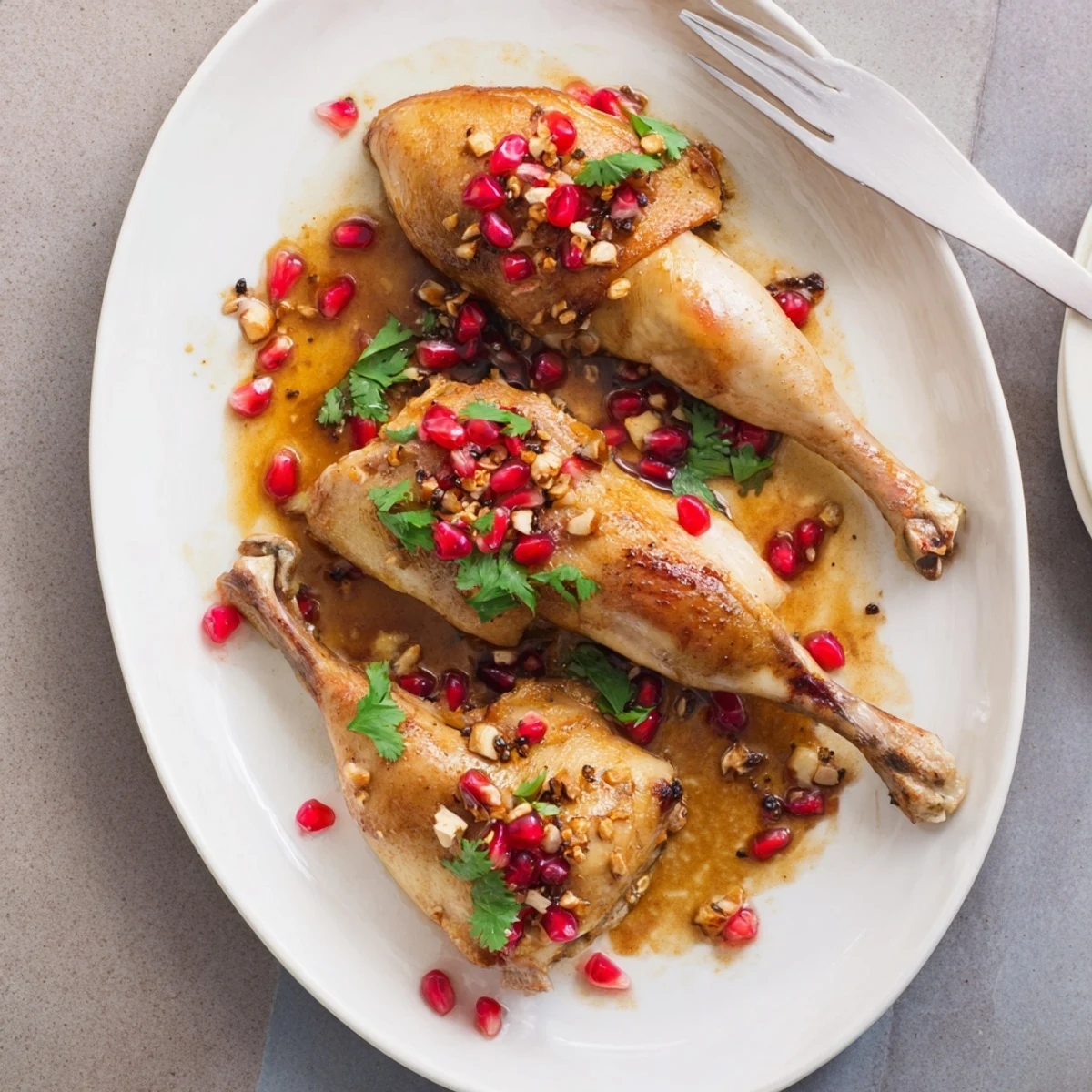 Steaming bowl of Pomegranate Walnut Fesenjan Stew, a rich Persian stew with a sprinkle of herbs.