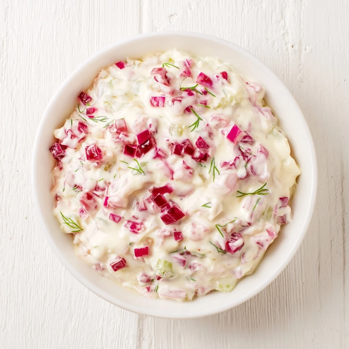 A chilled bowl of vibrant sweet and sour pickle relish dip, perfect for a party appetizer.