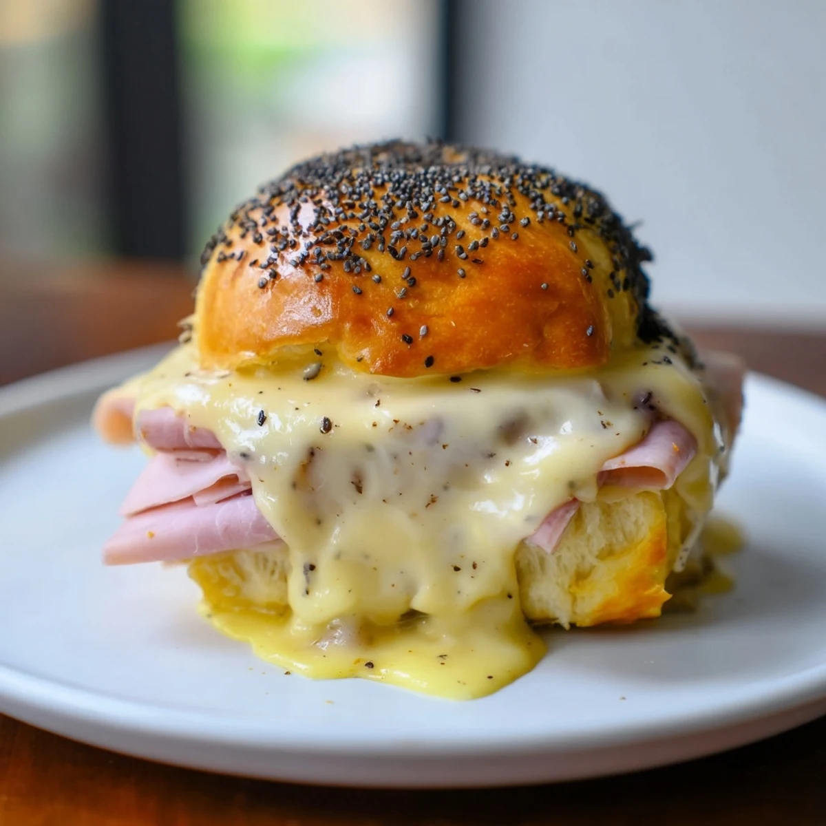 Melted Swiss cheese and ham layers inside soft Hawaiian rolls: these delicious Baked Ham and Cheese Party Sliders.