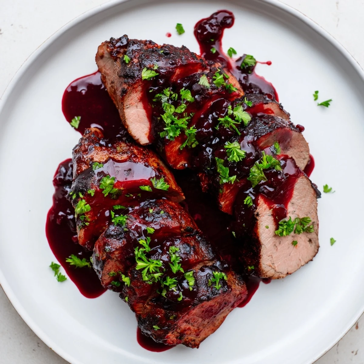 Tender slices of Tart Cherry Date Glazed Pork Tenderloin glistening with a rich, dark cherry glaze.