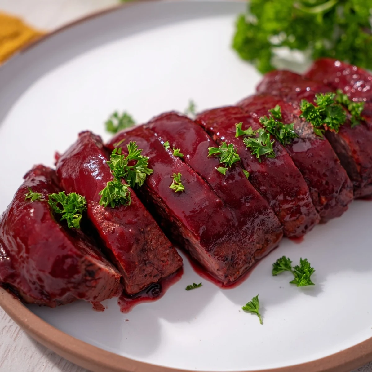 Close-up of a perfectly cooked Tart Cherry Date Glazed Pork Tenderloin showcasing the juicy interior.