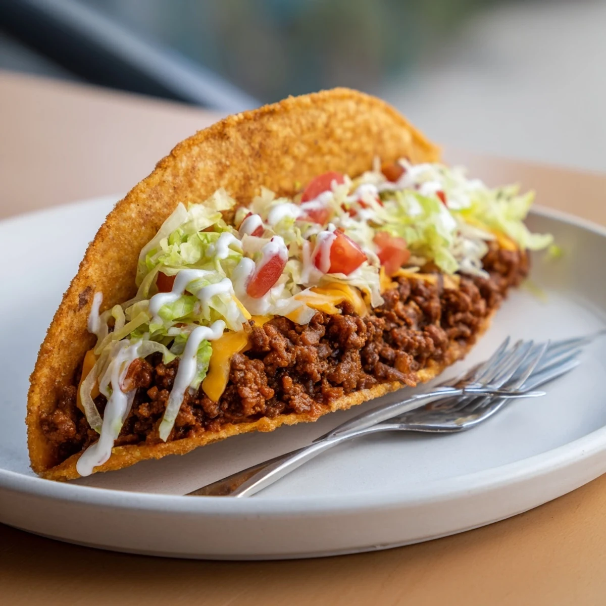 Savory ground beef fills a Cheesy Gordita Crunch Taco nestled in a crispy shell, ready to eat.