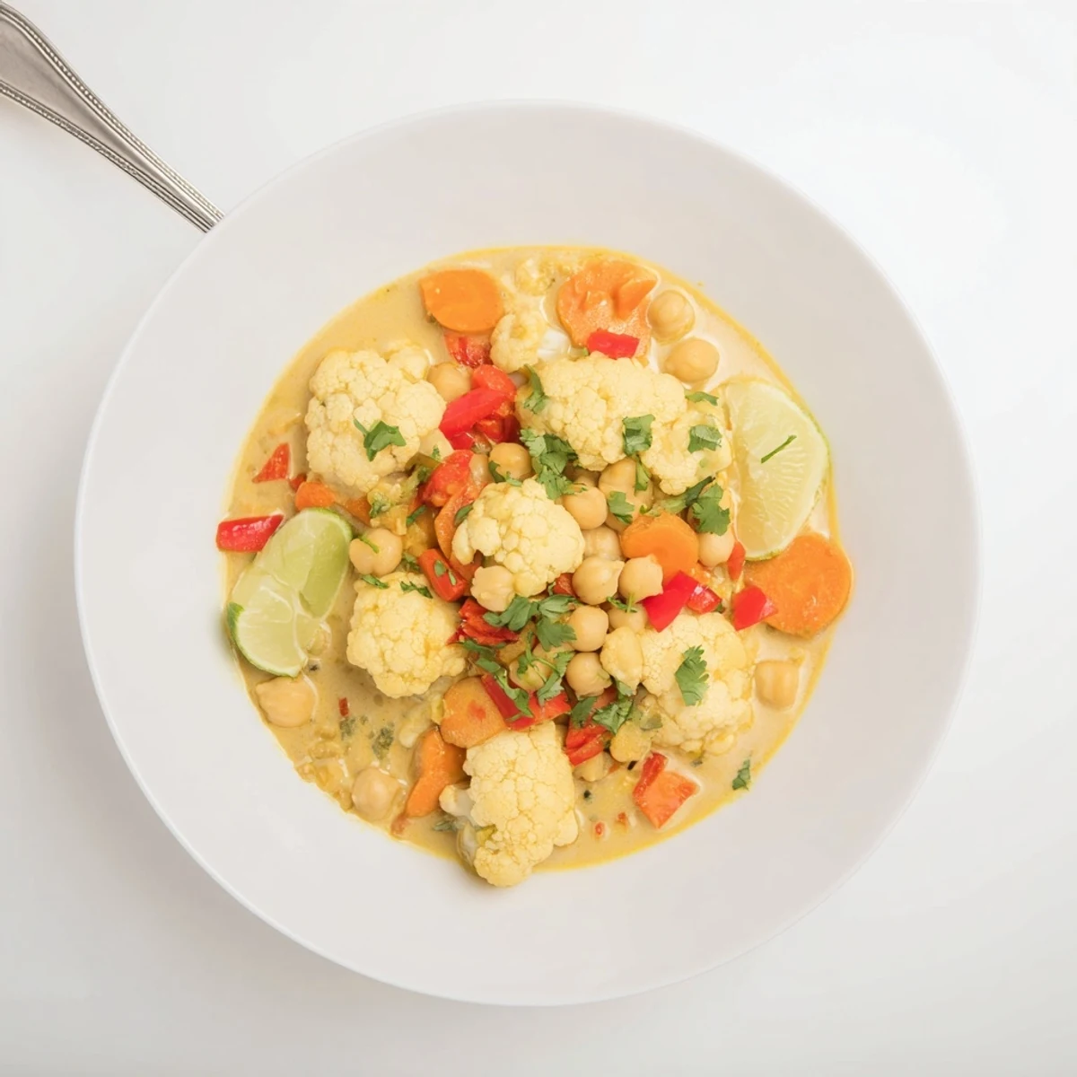 A hearty, flavorful curried cauliflower and chickpea coconut stew with vibrant red bell peppers.