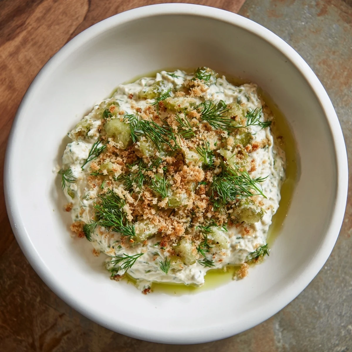 This bowl of fried pickle dip looks rich, showing visible herbs perfect for dipping.