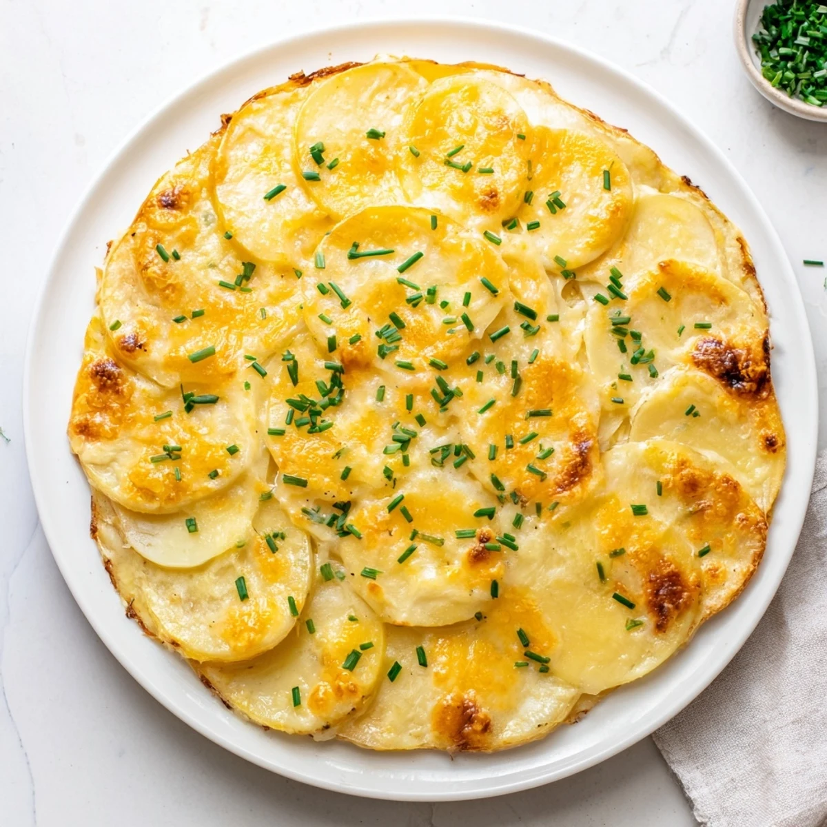 Golden, bubbly cheesy scalloped potatoes, a comforting Southern side dish, are ready to serve.